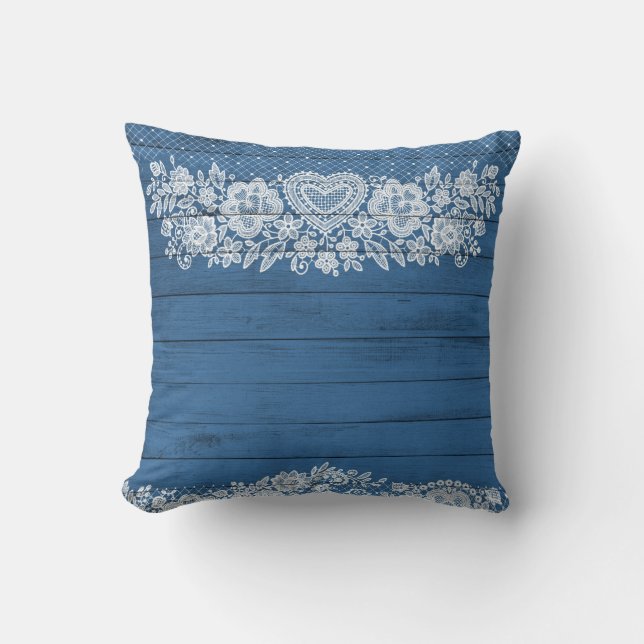 Blue Rustic Wood & White Lace Lacy Farmhouse Chic Kussen (Voorkant)