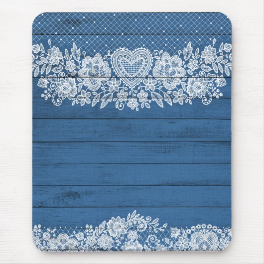 Blue Rustic Wood & White Lace Lacy Farmhouse Chic Muismat (Voorkant)