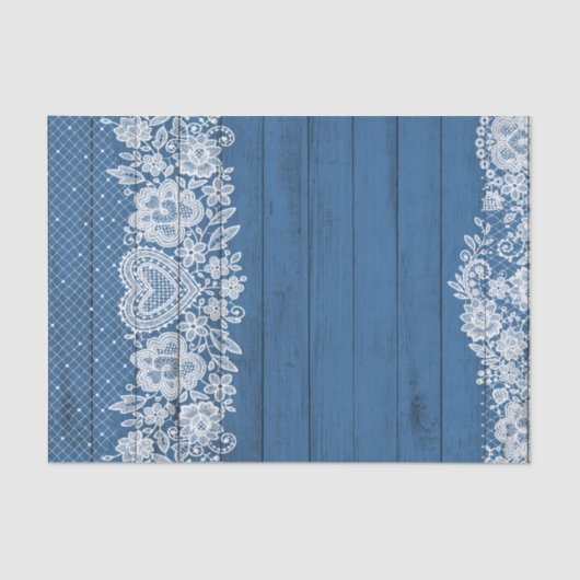 Blue Rustic Wood & White Lace Lacy Farmhouse Chic Tissuepapier (Voorkant)