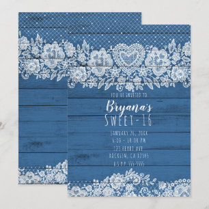 Blue Rustic Wood & White Lace Sweet 16 Birthday Kaart