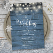 Blue Rustic Wood Winter Snow String Lights Wedding Kaart
