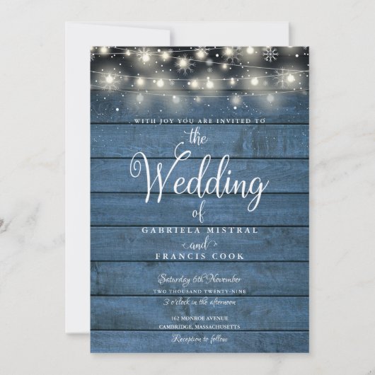 Blue Rustic Wood Winter Snow String Lights Wedding Kaart (Voorkant)