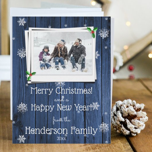 Blue Rustic Wooden Flat Holiday Fotokaart Feestdagenkaart