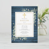 Blue Rustige Foliage Gold Cross Baptisme Christeni Kaart (Staand voorkant)