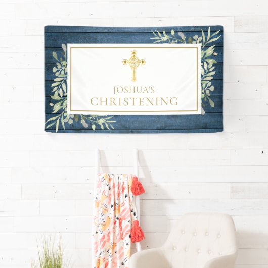 Blue Rustige Foliage Gold Cross Baptisme Christeni Spandoek (Insitu)