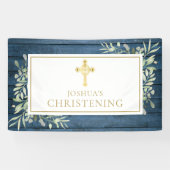 Blue Rustige Foliage Gold Cross Baptisme Christeni Spandoek (Horizontaal)