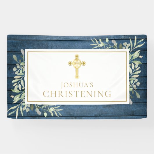 Blue Rustige Foliage Gold Cross Baptisme Christeni Spandoek (Horizontaal)