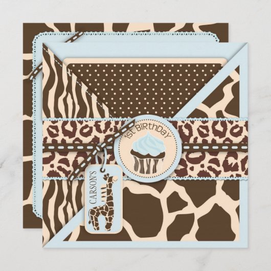 Blue Safari Animal Print & Cupcake First Birthday Kaart (Voorkant / Achterkant)