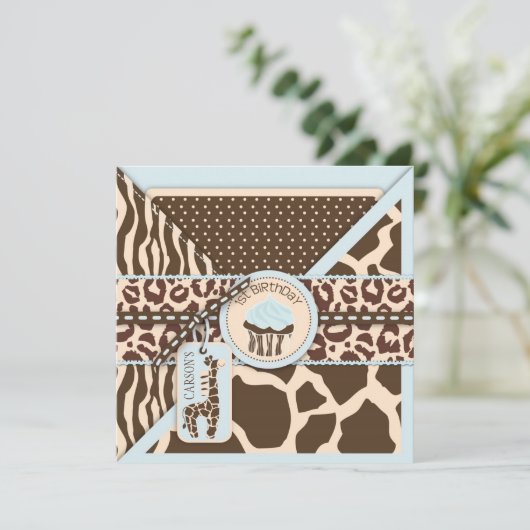 Blue Safari Animal Print & Cupcake First Birthday Kaart (Staand voorkant)