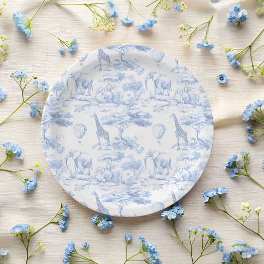 Blue Safari Animals Toile de Jouy Baby shower Papieren Bordje