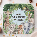 Blue Safari Dier Thema baby jongen 2e verjaardag Papieren Bordje<br><div class="desc">Stap in een grillige wereld van avontuur met PixeliaDesigns' Safari Oerwoud Animals Theme Baby Boy 2nd Birthday Paper Bord, een heerlijke aanvulling op de verjaardagsviering van elk jongetje. Elk bord heeft een betoverend ontwerp van waterverf-gerenderde babydieren, waaronder een giraffe, tijger, olifant, zebra en meer, speels genesteld tussen weelderige tropische bladeren....</div>