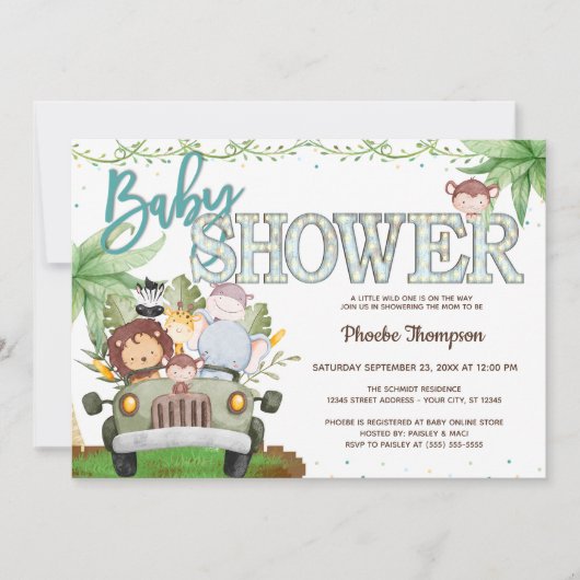 Blue Safari Dieren Baby shower Kaart (Voorkant)
