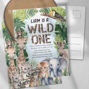 Blue Safari dieren thema Wild een 1e verjaardag Uitnodiging Briefkaart