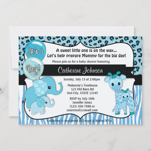 Blue Safari Elephant Giraffe Baby shower Kaart (Voorkant)