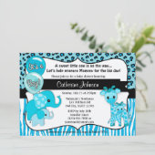 Blue Safari Elephant Giraffe Baby shower Kaart (Staand voorkant)