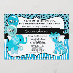 Blue Safari Elephant Giraffe Baby shower Kaart