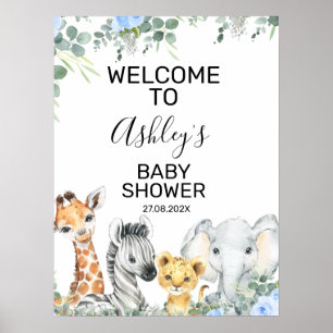 Blue Safari Floral Baby shower Welcome Sign Poster
