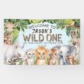 Blue Safari Theme Wild een 1e verjaardag welkom Spandoek (Horizontaal)
