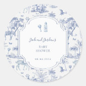 Blue Safari Toile de Jouy | Baby Shower Ronde Sticker (Voorkant)