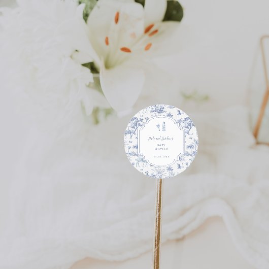 Blue Safari Toile de Jouy | Baby Shower Ronde Sticker