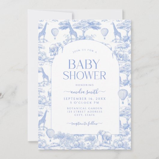 Blue Safari Toile De Jouy Boy Baby shower Kaart (Voorkant)