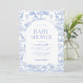 Blue Safari Toile De Jouy Boy Baby shower Kaart (Staand voorkant)