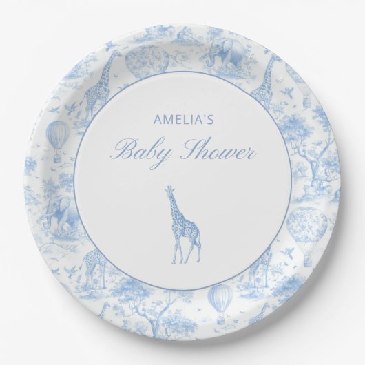 Blue Safari Toile De Jouy Boy Baby Shower Papieren Bordje (Voorkant)