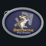 Blue Sagittarius archer zodialogy astrology buckle Gesp<br><div class="desc">Sagittarius "The Archer" Griekse astrologie gordel met Sagittarius-symbolen en vuur voor dit brandteken. Een perfect cadeau voor de mensen die tussen 21 november en 21 december zijn geboren. Eenvoudig getekend en ontworpen door Sarah Trett.</div>