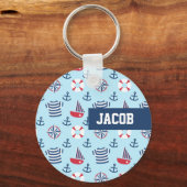 Blue Sailboat Anchor Nautical Theme Patroon Sleutelhanger (Voorkant)