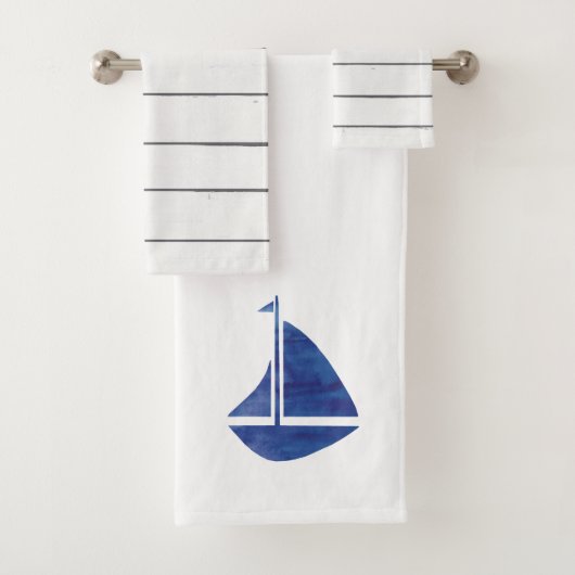 Blue Sailboat Nautical Badhanddoek Set Bad Handdoek (Insitu)