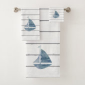 Blue Sailboat Nautical Shiplap Bath Towel Set Bad Handdoek (Insitu)