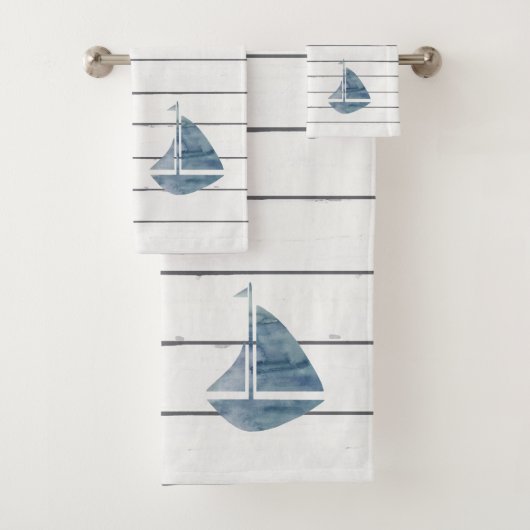 Blue Sailboat Nautical Shiplap Bath Towel Set Bad Handdoek (Insitu)