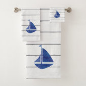 Blue Sailboat Nautical Shiplap Bath Towel Set Bad Handdoek (Insitu)