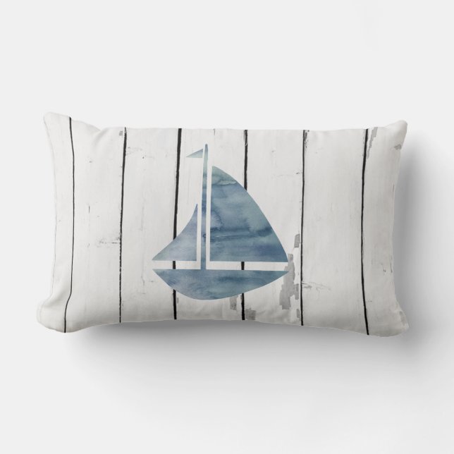 Blue Sailboat Nautical Shiplap Rustic Beach Decor Kussen (Voorkant)