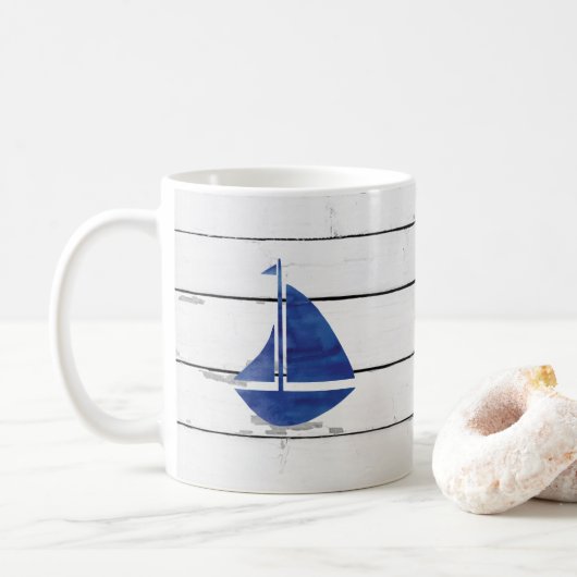 Blue Sailboat Nautical Shiplap Rustic Koffiemok (Met donut)