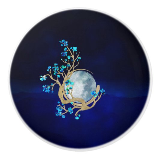Blue Sakura Blossom Zen Moon Keramische Knop (Voorkant)