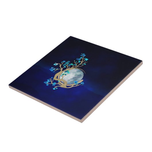 Blue Sakura Blossom Zen Moon Tegeltje (Zijkant)