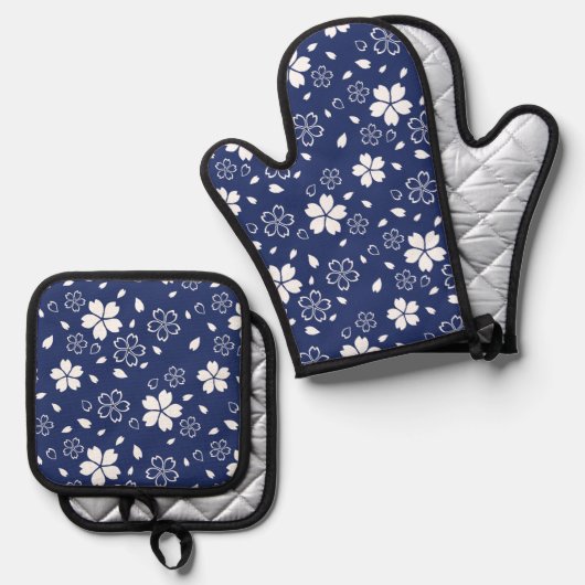 Blue Sakura Pattern Ovenwant & Pannenlap Set (Voorkant / Achterkant)