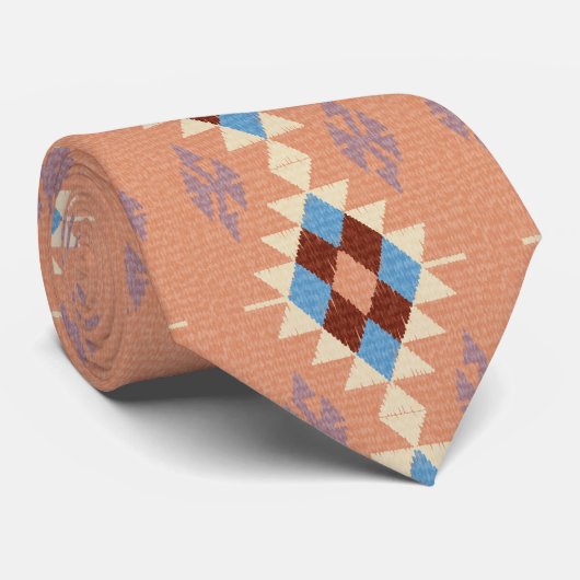 Blue Salmon Oriental Tribal Aztec Mosaic Design Stropdas (Opgerold)