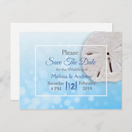 Blue Sand Dollar Thleding Wedding Save the Date Aankondigingskaart (Voorkant / Achterkant)