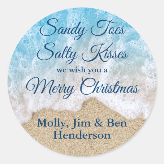 Blue Sandy Toes Salty Kisses Merry Kerstmis Ronde Sticker (Voorkant)