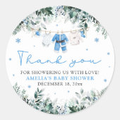 Blue Santa Baby Clothesline Christmas Baby shower Ronde Sticker (Voorkant)