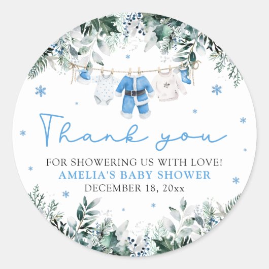 Blue Santa Baby Clothesline Christmas Baby shower Ronde Sticker (Voorkant)