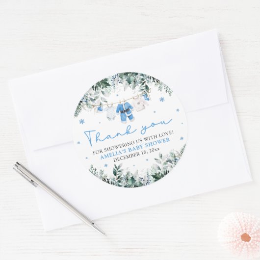 Blue Santa Baby Clothesline Christmas Baby shower Ronde Sticker (Envelop)