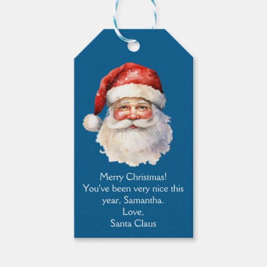 Blue Santa Claus Gepersonaliseerde Kinder Kerst Cadeaulabel (Voorkant)