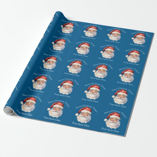 Blue Santa Claus Gepersonaliseerde Kinder Kerst Cadeaupapier (Uitgerold)