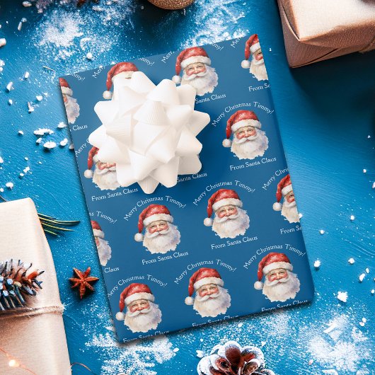 Blue Santa Claus Gepersonaliseerde Kinder Kerst Inpakpapier Vel