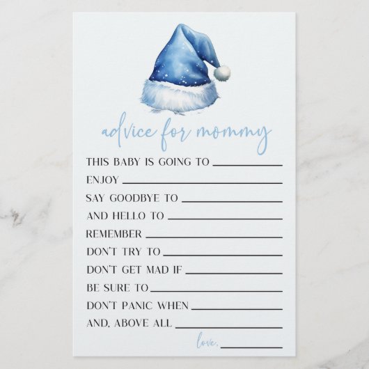 Blue Santa Hat Advies Baby shower Spel Activiteit Briefpapier (Voorkant)