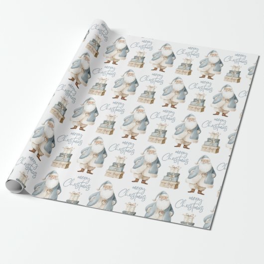 Blue Santa Merry Christmas Cadeaupapier (Uitgerold)