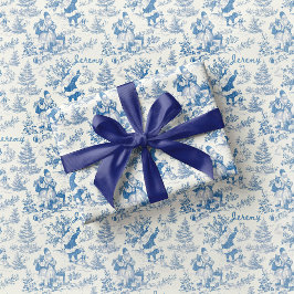 Blue Santa Toile Wrapping Paper Vintage  Cadeaupapier